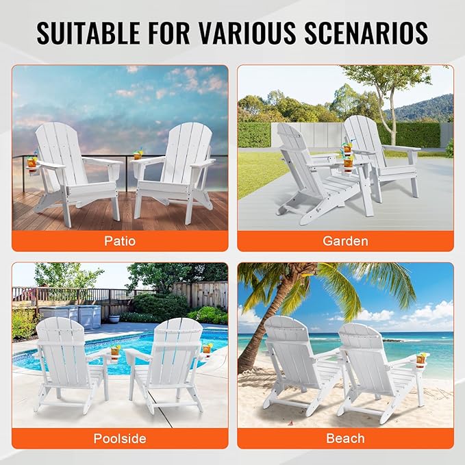 Happybuy Adirondack Chair Plastic, Set of 2 All-Weather Portable Folding Fire Pit Chair, Outdoor Adirondack Patio Chair with Cup Holder, with Relaxing Arm Rest Ergonomic, for Garden, Backyard - White