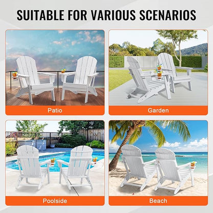 Happybuy Adirondack Chair Plastic, Set of 2 All-Weather Portable Folding Fire Pit Chair, Outdoor Adirondack Patio Chair with Cup Holder, with Relaxing Arm Rest Ergonomic, for Garden, Backyard - White