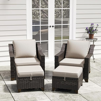4 Pieces Patio Conversation Furniture Set - 2 Chairs with Ottomans Set of 2, Outdoor Wicker Armchairs with Water-Resistant and Washable Cushions for Porch, Balcony, Sunroom (Beige)