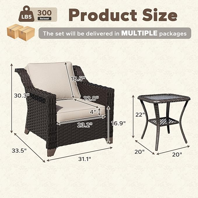 3 Pieces Patio Conversation Furniture Set - 2 Armchairs, 1 Side Table - Photo 2