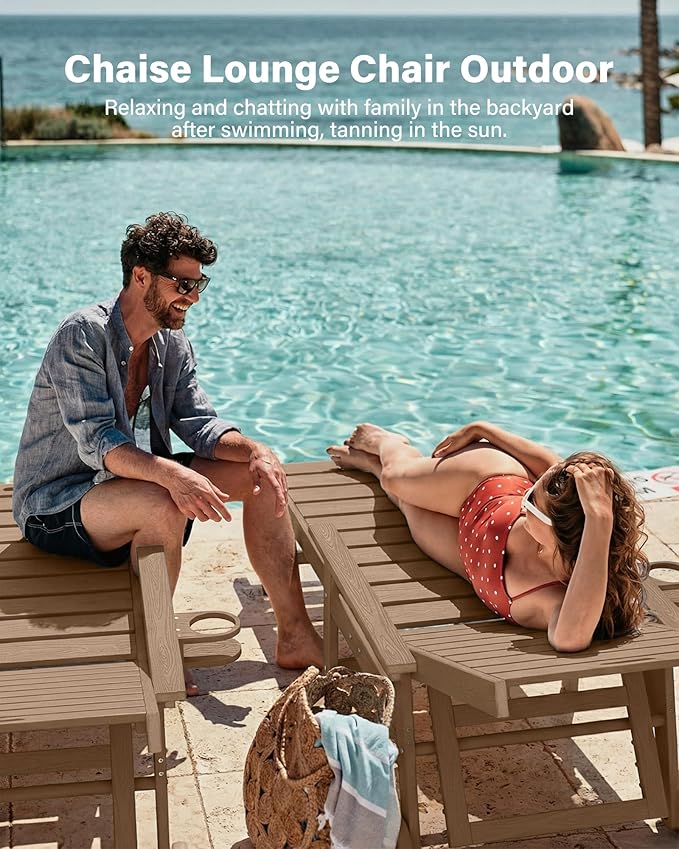 YEFU Lounge Chair Outdoor Chaise: Outdoor Chaise Lounge with 5-Level Adjustable Backrest, Cup Holders & Wheels, All-Weather Resistance Chaise Lounge for Outside/Patio/Beach/Deck, Teak