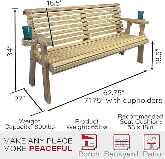 Amish Casual Heavy Duty Pressure Treated 5 Foot Outdoor Garden Bench with Cup Holders - Amish Crafted Roll Back Design in Unfinished, 700 Lb Weight Capacity