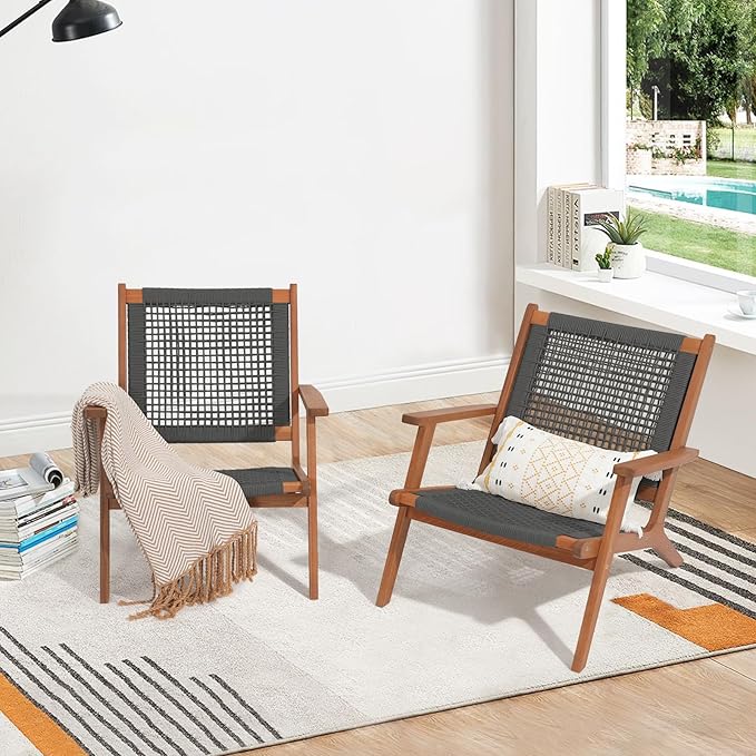 Verano Garden Modern Acacia Wood Lounge Chair Set of 2, Accent Armchair with Handwoven Rope for Living Room, Bedroom - Photo 7