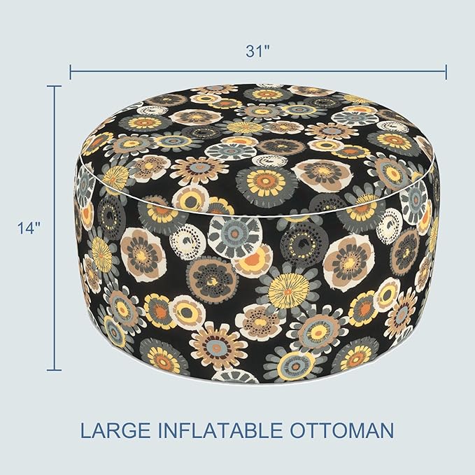 LVTXIII Indoor/Outdoor Extra Large Inflatable Ottoman Pouf D31 x H14 Inch, Round Footstool with Handle, Weather-Resistant Portable Furniture for Patio, Camping, Beach, Black Yellow Crosby