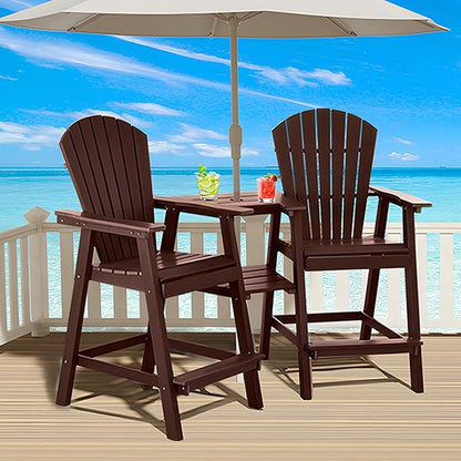 Tall Adirondack Chairs Set of 4, HDPE Balcony Chair with Double Connecting Tray, Weather Resistant Outdoor Adirondack Bar Stools for Patio, Deck, Patio, Backyard, Balcony. (Brown)