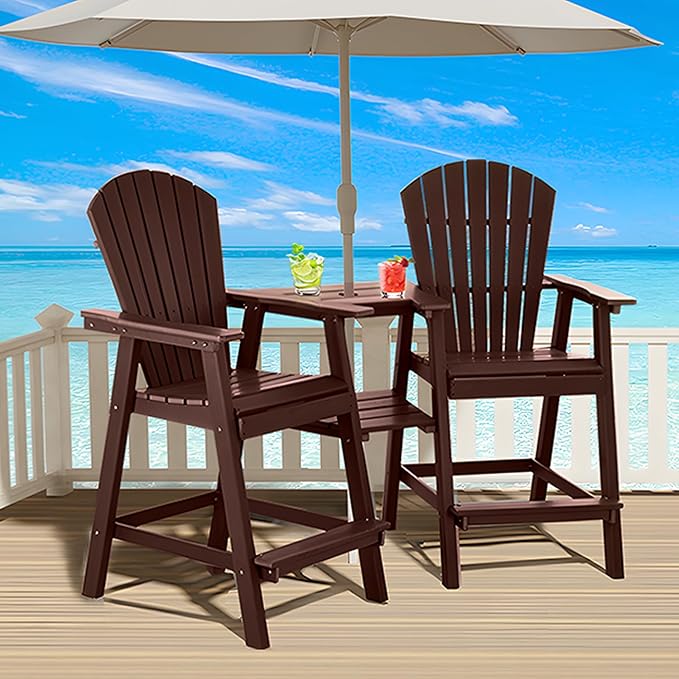 Tall Adirondack Chairs Set of 8, HDPE Balcony Chair with Double Connecting Tray, Weather Resistant Outdoor Adirondack Bar Stools for Patio, Deck, Patio, Backyard, Balcony. (Brown)