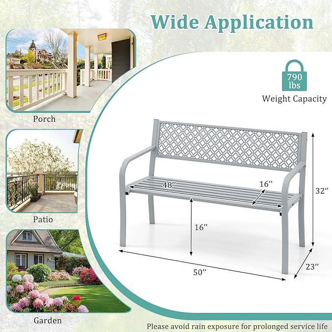 Tangkula 50 Inches Outdoor Garden Bench, Metal Patio Park Bench with Geometric Lattice Backrest, Armrests and Slatted Seat, Outdoor Loveseat Chair for Porch, Lawn and Yard (Grey)