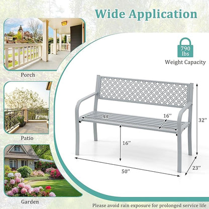 Tangkula 50 Inches Outdoor Garden Bench, Metal Patio Park Bench with Geometric Lattice Backrest, Armrests and Slatted Seat, Outdoor Loveseat Chair for Porch, Lawn and Yard (Grey)
