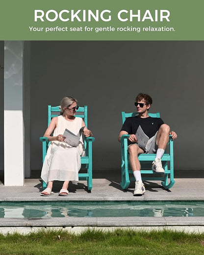Oversized Outdoor Rocking Chair, High Back Porch Rocker Chair, HDPE All Weather Resistant Rocking Chairs for Patio, 380lbs Weight Capacity, Lake Blue