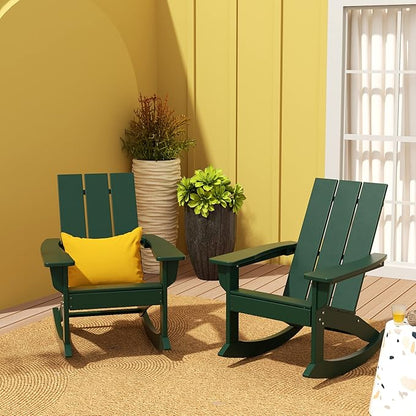 WO WESTIN OUTDOOR HDPE Shoreside Modern Rocking Poly Adirondack Chair (Set of 2),Dark Green