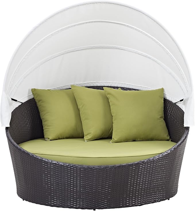 Modway Convene Wicker Rattan Outdoor Patio Retractable Canopy Round Poolside Sofa Daybed in Espresso Peridot