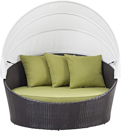 Modway Convene Wicker Rattan Outdoor Patio Retractable Canopy Round Poolside Sofa Daybed in Espresso Peridot