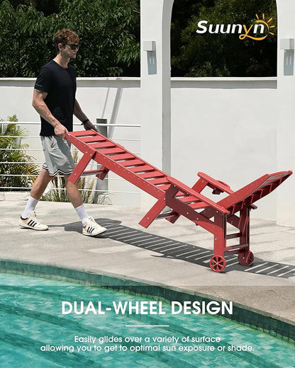 Chaise Lounge Outdoor, Lounge Chair Outdoor with Wood Texture, Adjustable 5-Position Backrest, HDPE Lounge Chair with Wheels & Cup Holder for Pool Deck Backyard,Red