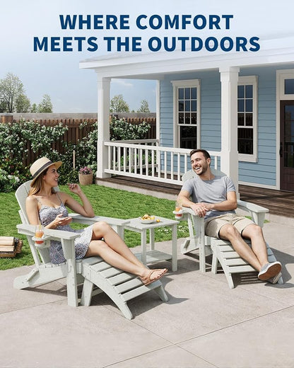 Folding Adirondack Chair Set of 2 with Ottoman, All-Weather HDPE Outdoor Chair, Wooden Textured with Cup Holder for patios, Decks, Gardens, fire pits, White