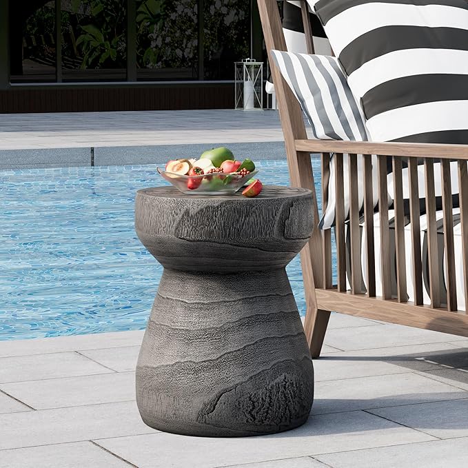 HOMPUS Outdoor Side Table with Checkerboard Grain Tabletop, Concrete Patio Table Mushroom Shaped, MgO Lightweight Round End Table Modern Vintage Round Coffee Table for Indoor Outdoor Use, Grey