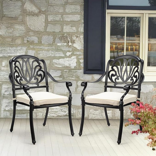 VINGLI Patio Chairs Set of 4 - Stackable Outdoor Cast Aluminum Dining Chairs with Vintage Black Finish and Floral Pattern, Metal Armchairs for Poolside, Backyard, Balcony (with Cushion)