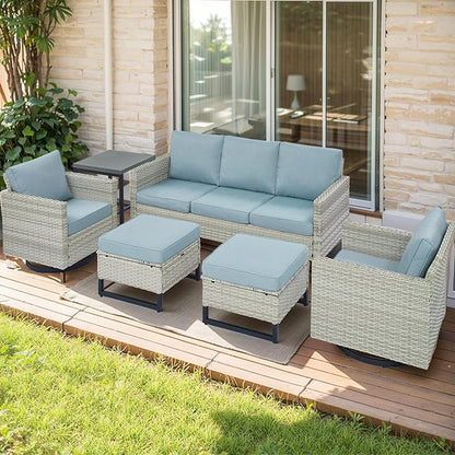 Wicker Outdoor Patio Furniture Set - 6 Piece Patio Conversation Set with 2 Swivel Rocker Chairs,2 Rattan Ottoman,1 Couch and 1 Metal Side Table for Outside Porch Deck Backyard(Light Grey/Sky Blue)