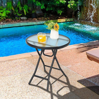 Tangkula Patio Bistro Table, 18" Round Side Table with Tempered Glass Tabletop, Rustproof Frame and Stable X-Shaped Structure, Folding Side Table for Indoor and Outdoor Use