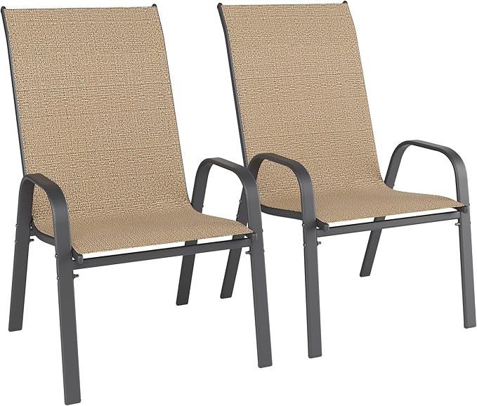Patio Chairs Set of 2, Outdoor Dining Chairs Stackable for All Weather, Breathable Metal Modern Outside Furniture Chair for Pool Side, Garden, Backyard Deck, Brown