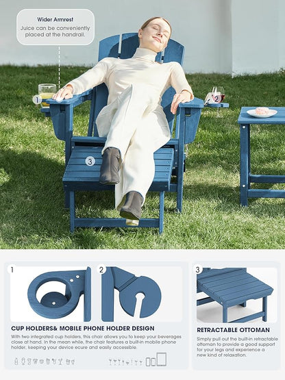 KINGYES Folding Adjustable Adirondack Chair with Ottoman & 2 Cup Holders Set of 6, HDPE Recliner Adirondack Chair with Footrest, Brown