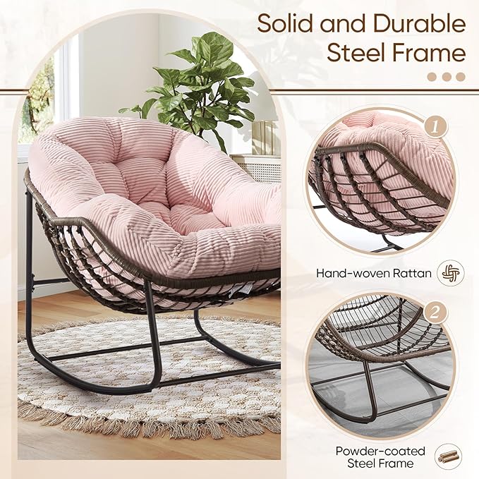 Large Indoor Rocking Chair, Oversized Rocking Papasan Chair with Thick Cushion and Frame,Comfy Corduroy Rocker Wicker Egg Chairs Lounge Reading Chair for Living Room, Bedroom, Apartment, Pink