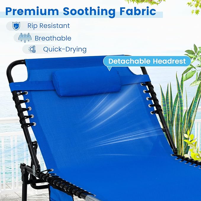 Goplus Extra Large Lounge Chair Outdoor, 27” Wide Folding 5-Position Tanning Chair with Detachable Pillow, Side Pocket, 16” High Chaise Lounger, Patio Lounge Chair for Yard Pool Yard