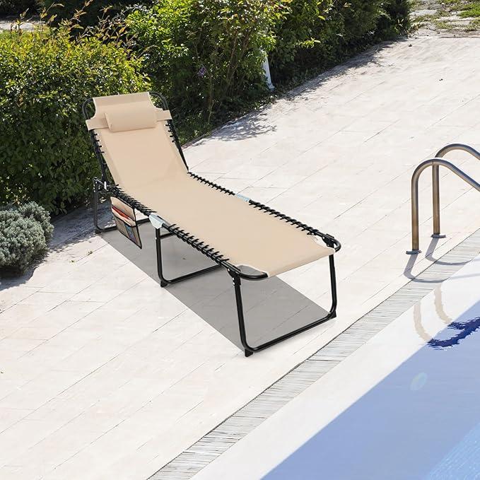 GYMAX Lounge Chairs for Outside, Extra High Folding Beach Tanning Lounger with Adjustable Backrest - Photo 2