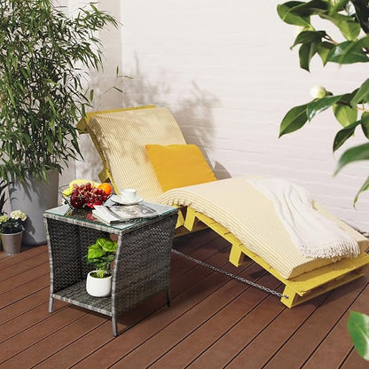 Outvita Outdoor Side Table, Rattan Coffee Table Small End Table with Glass Top Storage for Patio Porch Backyard Balcony