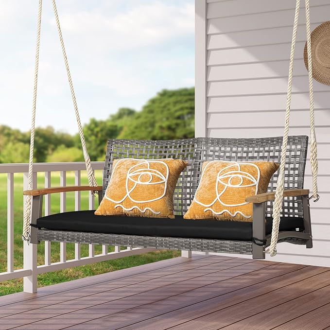 RELAX4LIFE 2-Seater Outdoor Porch Swing - Patio PE Rattan Hanging Swing Bench with Seat Cushion and Strong Hanging Ropes - Photo 2