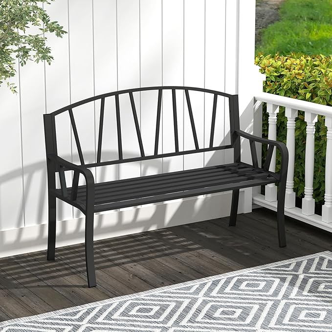 Giantex Garden Bench for Outside 51 Inch, Outdoor Bench with Metal Frame, Patio Metal Bench with Backrest, Armrests and Slatted Seat for Park, Porch, Backyard, 660 lbs Max Load, Black