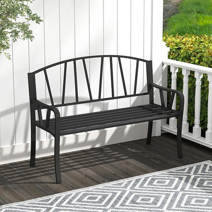 Giantex Garden Bench for Outside 51 Inch, Outdoor Bench with Metal Frame, Patio Metal Bench with Backrest, Armrests and Slatted Seat for Park, Porch, Backyard, 660 lbs Max Load, Black
