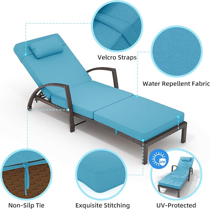 GarveeLife 2-Piece Rattan Patio Folding Chaise Lounge, 5-Position Adjustable Backrest Outdoor Lounge Chair with Cushion and Pillow for Poolside, Backyard, Deck, Porch, Peacock Blue