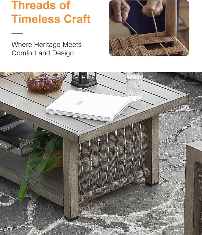 Outdoor Coffee Table, Never Rusts Aluminum Rope Weave Patio Coffee Table - Photo 5