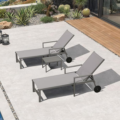 PURPLE LEAF Outdoor Chaise Lounge Set for 2 Aluminum Patio Chaise Lounger Chairs with Armrest and Wheels Adjustable Pool Chaise Lounge Chair for Beach Yard Poolside Table Included, Light Grey