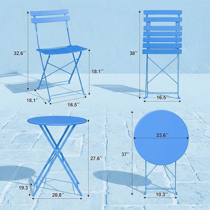 GarveeLife Outdoor Metal Bistro Set, 3-Piece Patio Furniture Set with 2 Chairs and 1 Table, Flat Steel Frame Patio Dining Set for Garden, Balcony, Porch & Backyard,Blue