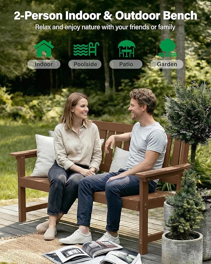 YEFU Outdoor Bench Weatherproof for Patio: 2-Person HIPS All Weather Garden Benches - Comfortable & Heavy Duty Patio Benches for Front Porch Backyard Park - Outside Furniture Bench, Teak