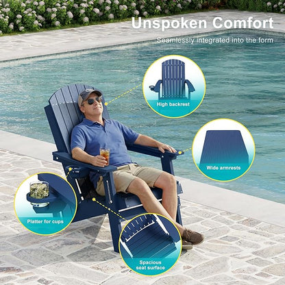 HDPE Foldable Adirondack Outdoor Chair Set of 2 with Cup Holder, Weather Resistant Heavy-Duty Patio Chair for Patio, Backyard, Deck, Fire Pit, Lawn and Porch, Navy Blue