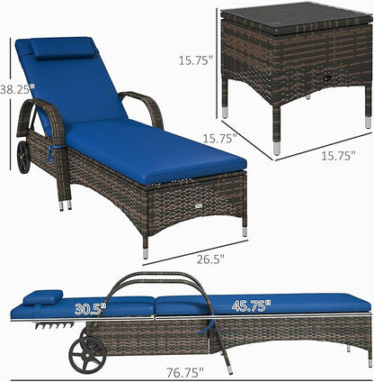 Outsunny Wicker Outdoor Chaise Lounge Chair Set of 3 with Side Table, 5-Level Adjustable Backrest PE Rattan Pool Lounge Chair with Wheels, Cushion & Headrest, Blue