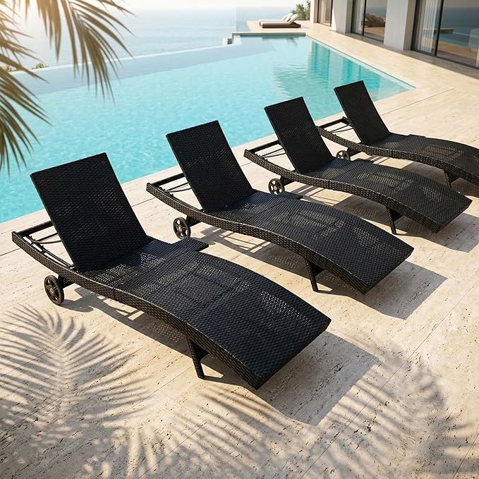 OVENTA Outdoor Wicker Patio Chaise Lounge Chair with Wheels Set of 4, Black Rattan Pool Furniture Lounger for Outside Poolside Lounges, Jumbo Co Chaise Lounge Chairs, Wicker Patio Pool Furniture