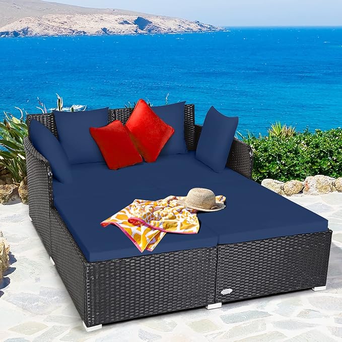 Tangkula Outdoor Rattan Daybed, Sunbed Wicker Furniture w/Spacious Seat, Upholstered Cushion & High-Resilience Sponge - Photo 3