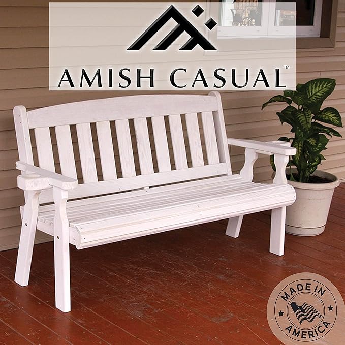 Amish Casual Heavy Duty 800 Lb Mission Pressure Treated Garden Bench with Cupholders (5 Foot, Semi-Solid White Stain)
