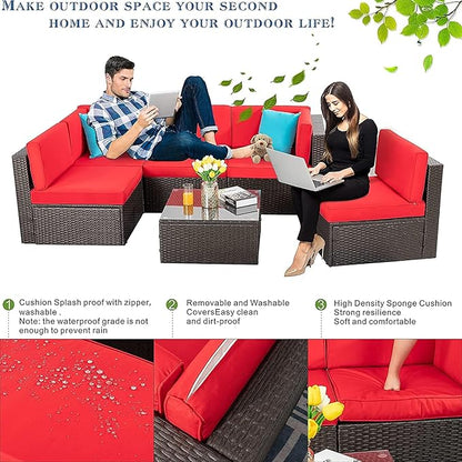Vongrasig 6 Pieces Patio Furniture Set, Outdoor Sectional Sofa Couch, All Weather PE Rattan Patio Conversation Sets with Coffee Table for Garden, Backyard, Poolside (Red)