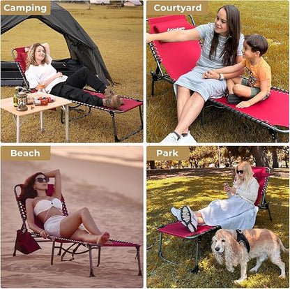 KingCamp Lounge Chair Outdoor, Folding Portable Tanning Chairs Comfy Adjustable 5-Position Lay Flat Foldable Chaise Chaser Lounger with Pillow for Outside Beach Patio Sun Bathing Backyard Pool, Wine
