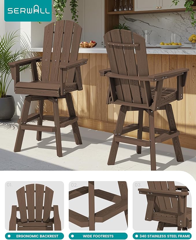 SERWALL Swivel Adirondack Barstools Set of 2, HDPE Outdoor Swivel Bar Chairs Set of 2 for Patio, Poolside, Garden - Photo 4