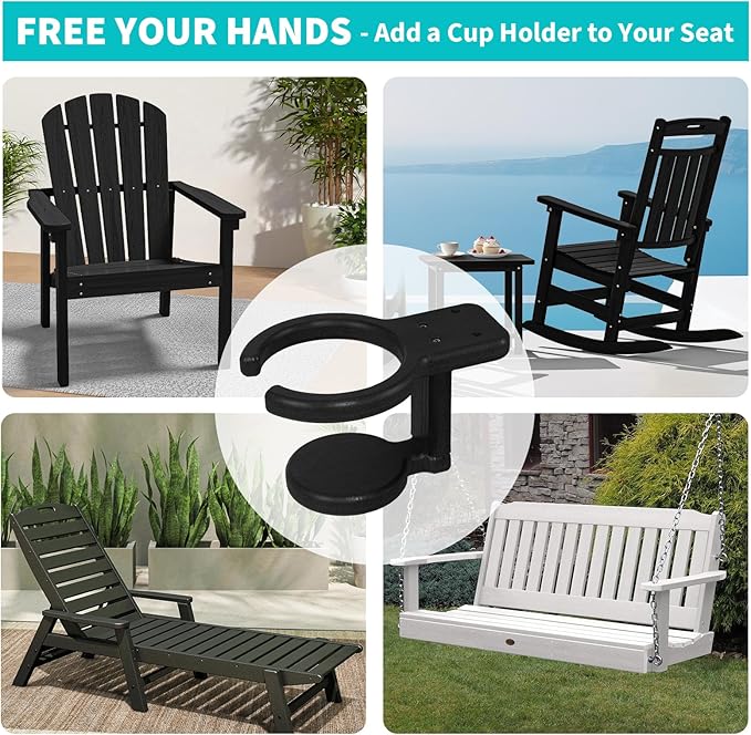 Universal Poly Cup Holder for Adirondack Chairs – Weatherproof, Durable Drink Holder for Resin or Plastic Outdoor Furniture – Easy to Install, Sturdy, Black