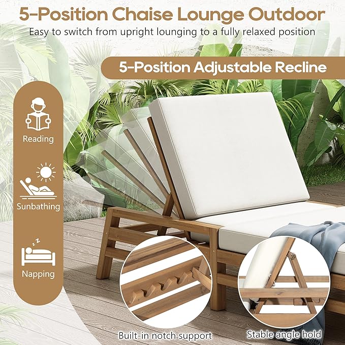 5-Position Adjustable Outdoor Chaise Lounge Set of 2, Solid Wood Patio Recliner Chair with Thick Cushions for Pool - Photo 5