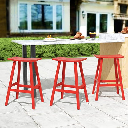 Costaelm All-Weather Bar Stools Set of 3, 29" Height Outdoor Bar Stools, Adirondack Poly Patio Bar Stool for Patio, Deck, Kitchen Counter and Garden, Red
