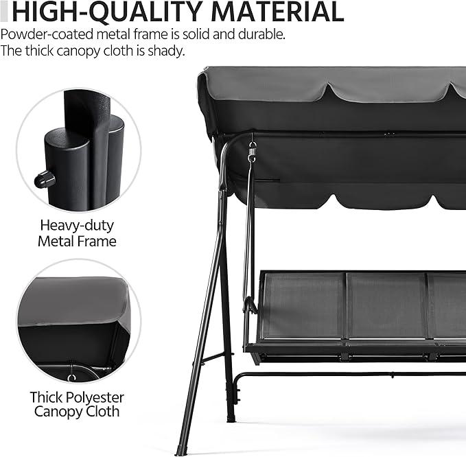 Yaheetech Outdoor Patio Swing Chair, 3-Seat Patio Sunset Hanging Swing Glider w/Adjustable Canopy & Texteline Fabric & Armrests, Outdoor Love Seat Bench for Patio/Garden/Yard/Porch, Gray