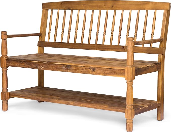 Great Deal Furniture Christopher Knight Home Cody Outdoor Acacia Wood Bench with Shelf, Teak Finish
