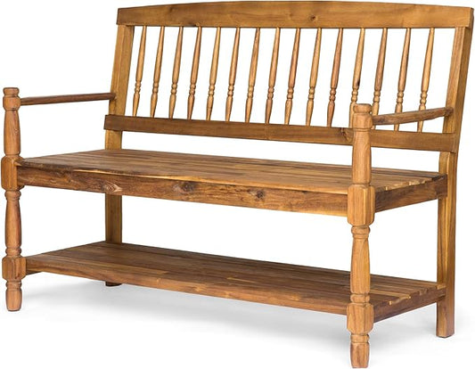 Great Deal Furniture Christopher Knight Home Cody Outdoor Acacia Wood Bench with Shelf, Teak Finish